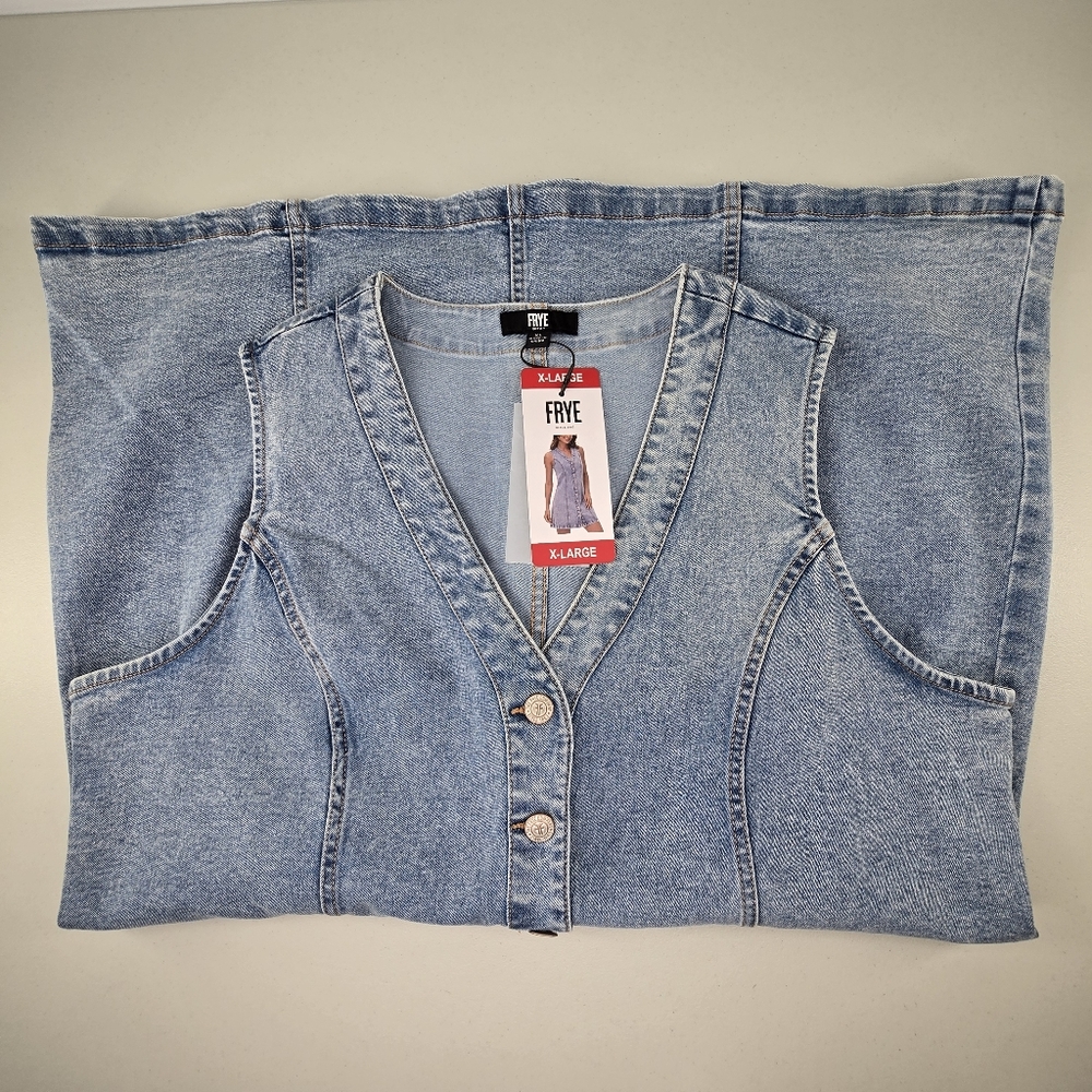NWT Frye Light Wash Denim Mini Dress Sleeveless V-Neck Button Front Size XL - Picture 8 of 10